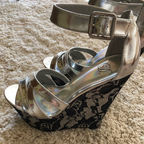 Silver and Black Lace Ankle Strap Wedge Heels - Picture 4 of 5